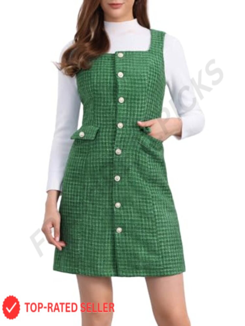 Tweed Square Neck Button Up A-Line Dress Sleeveless
